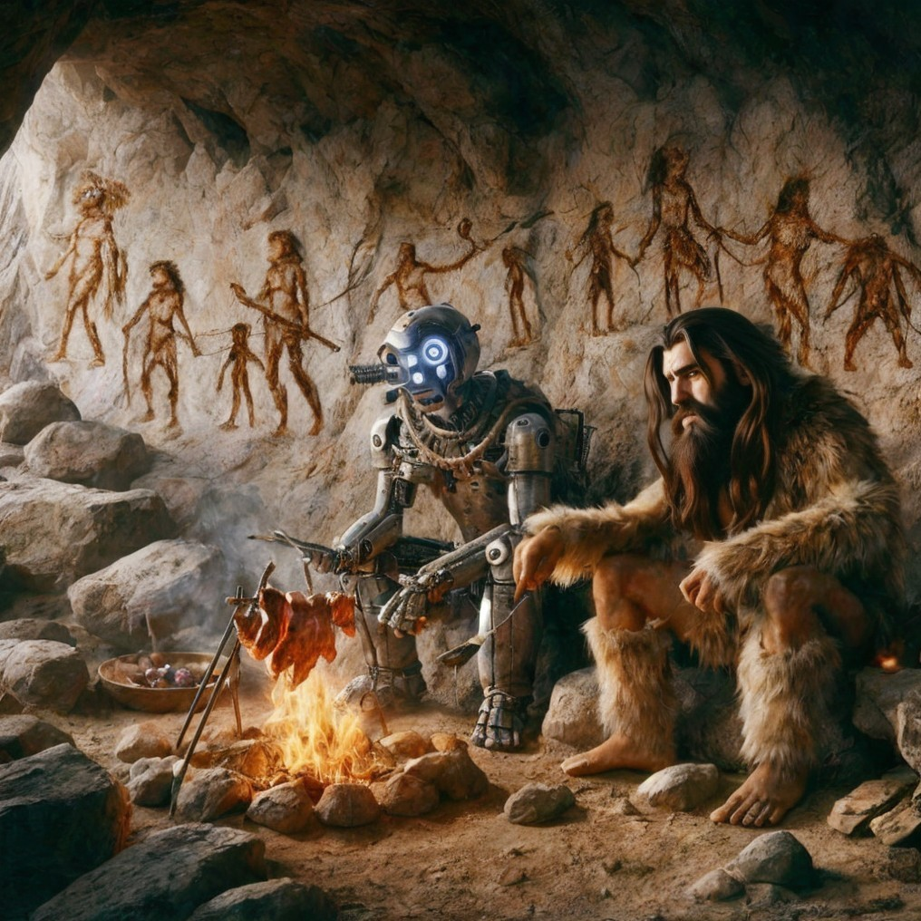 Cave Scene with Robotic Figure and Fur-Clad Man