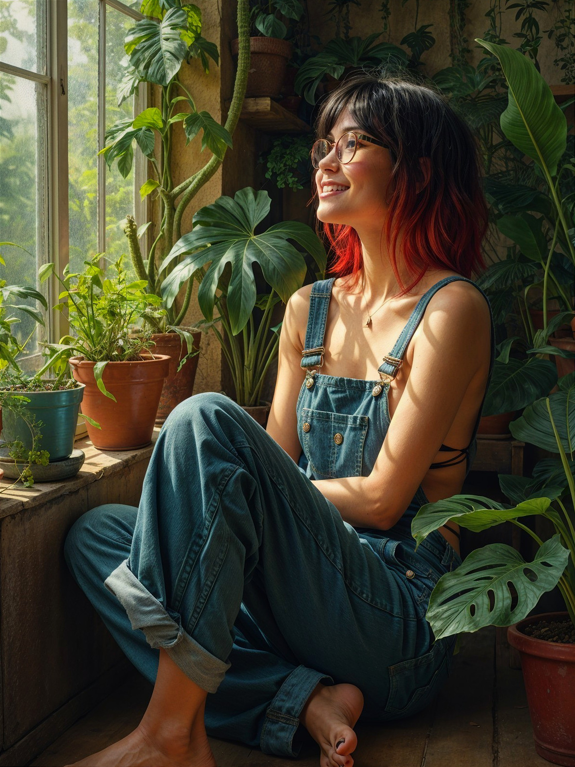 Young woman in sunlit room with plants and overalls