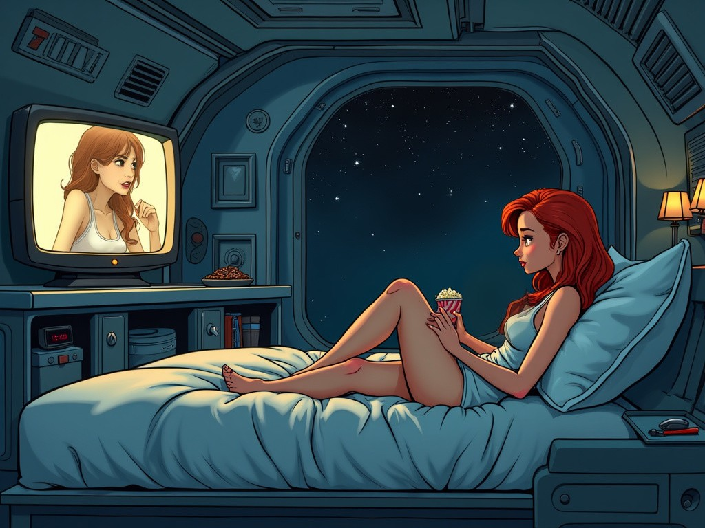 Cozy Spaceship Cabin with Starry View and Screen