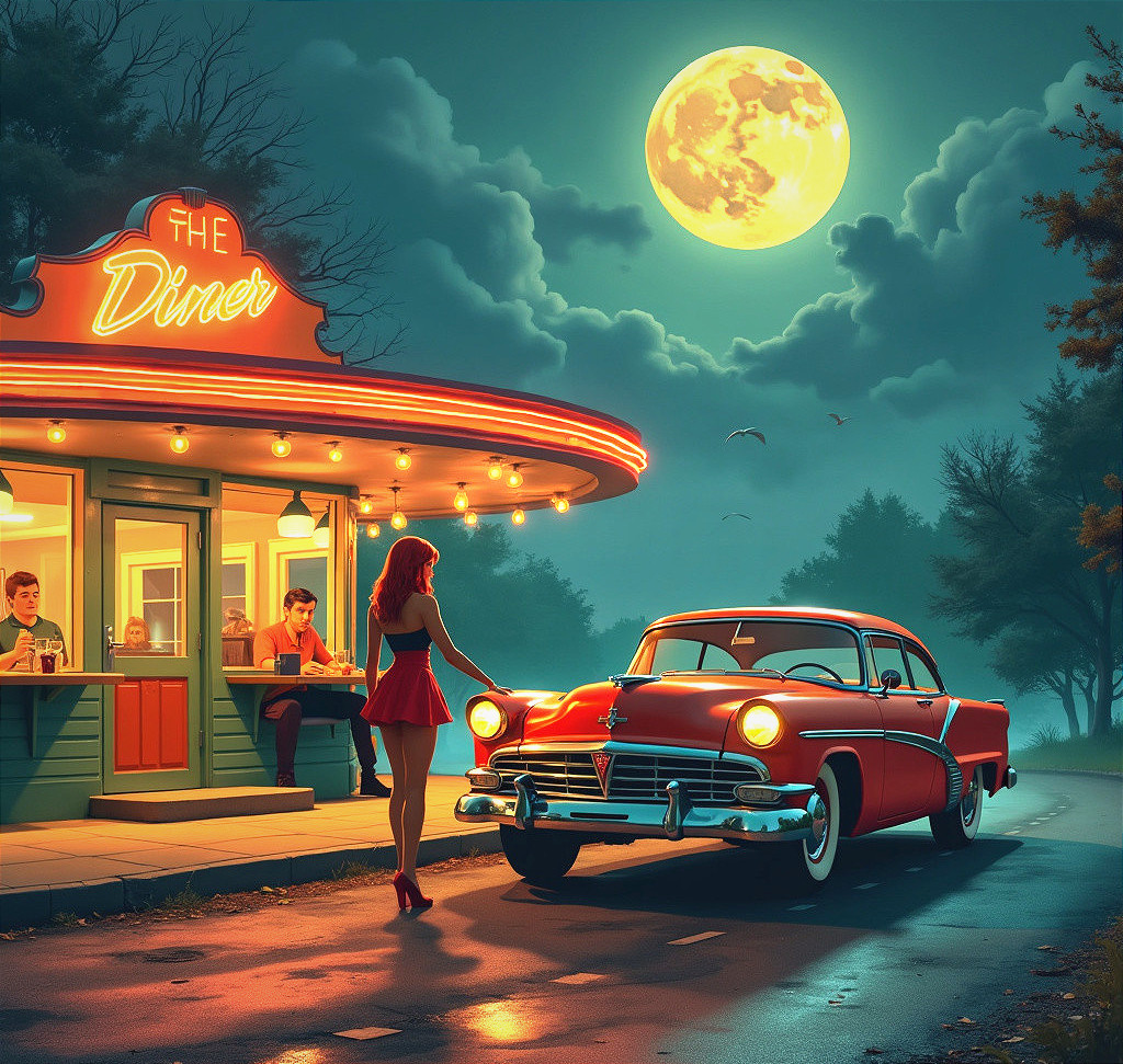 Vintage diner scene under a full moon at night