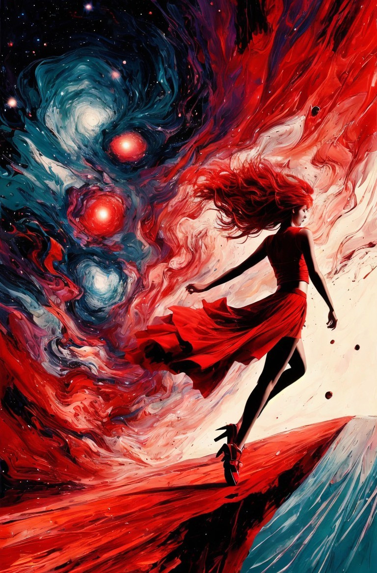 Silhouette of Woman in Red Dress Against Cosmic Scene