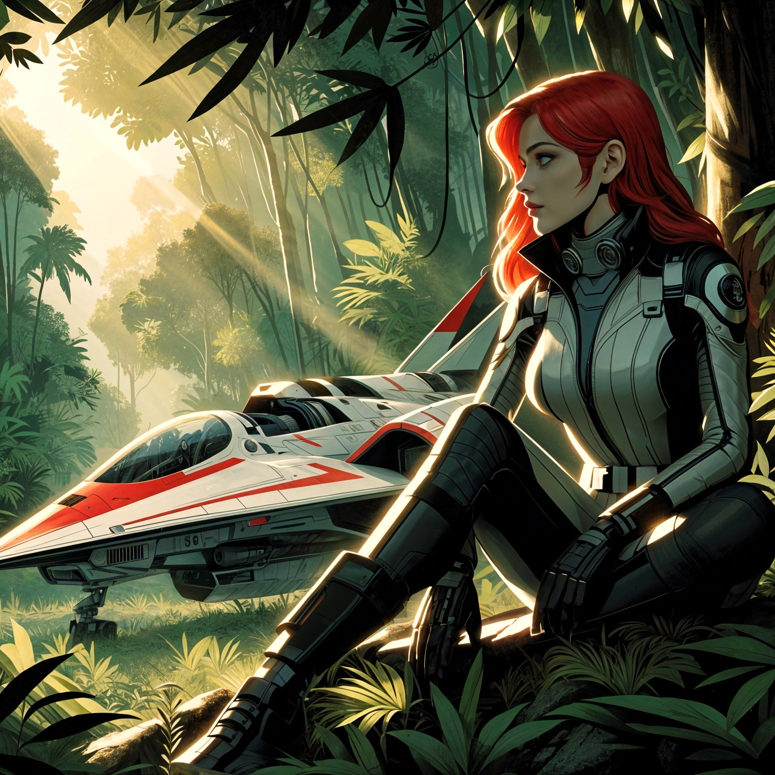 Futuristic Pilot in Jungle with Spacecraft Nearby