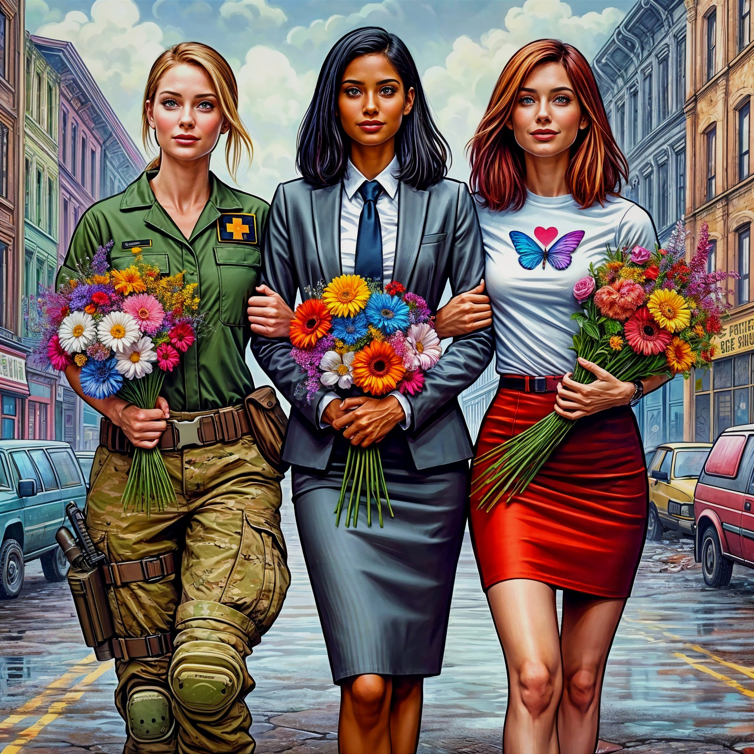 Women in Diverse Professions on Colorful City Street