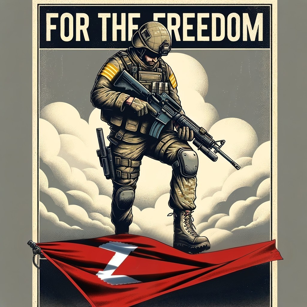 Soldier in Tactical Gear on Red Flag with Bold Symbol