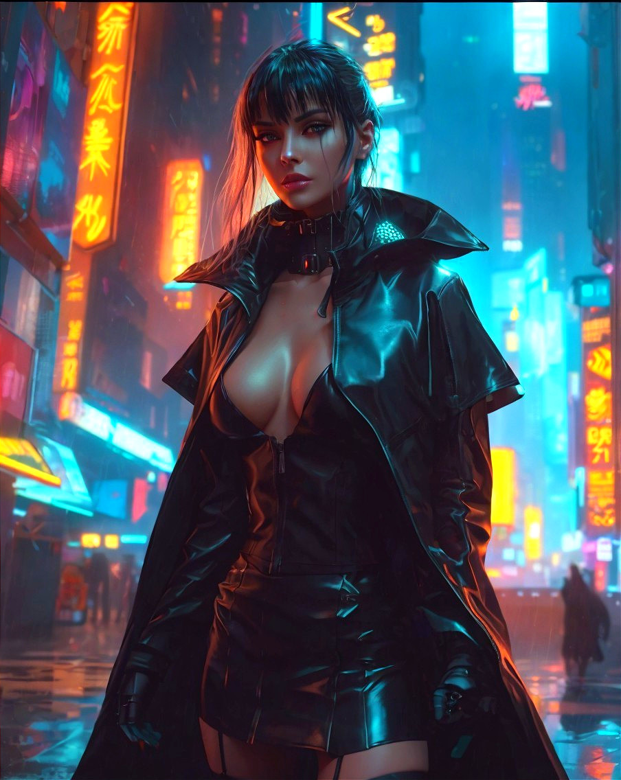 Confident Figure in Black Leather in Neon Cityscape