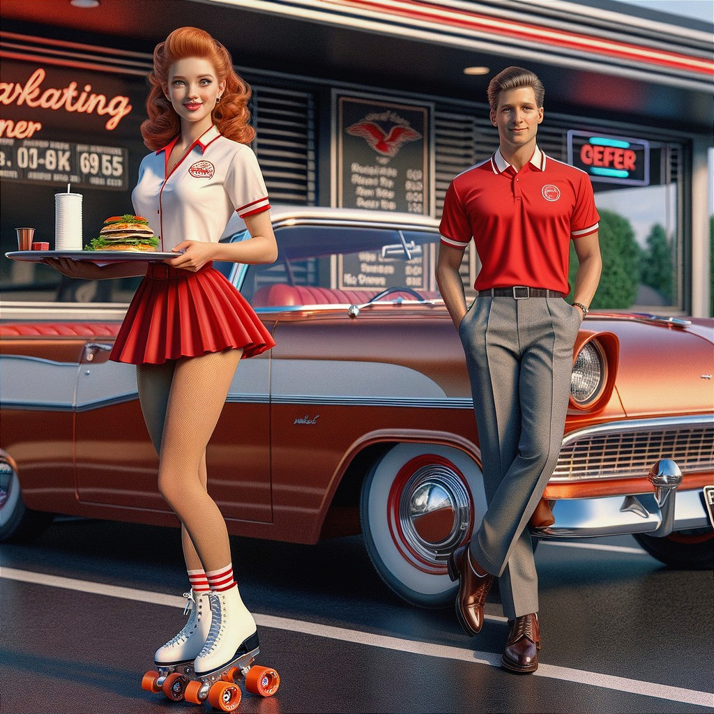 1950s Retro Diner Scene with Roller-Skating Waitress