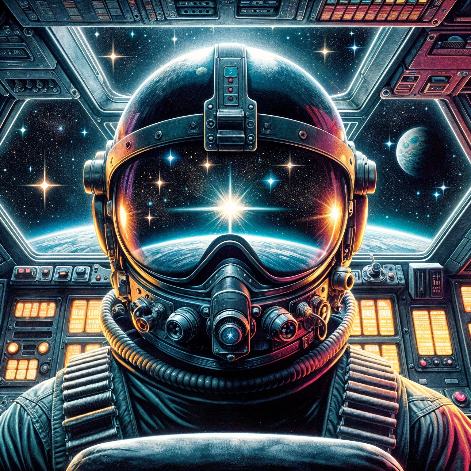 Futuristic Astronaut Helmet Reflecting Cosmic Scene