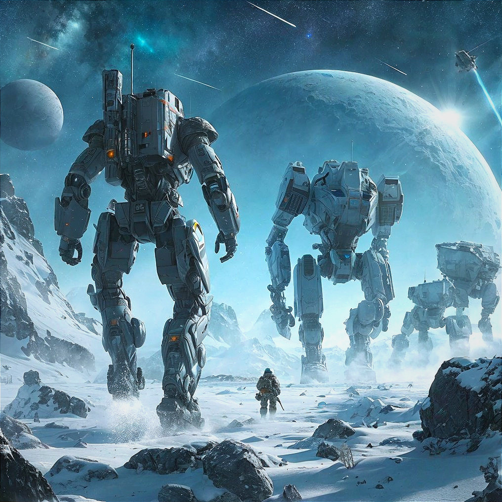 Futuristic icy landscape with armored robots and cosmos