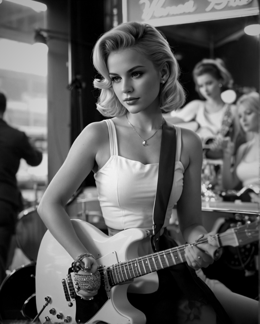 Vintage-Inspired Woman with Electric Guitar in Black and White