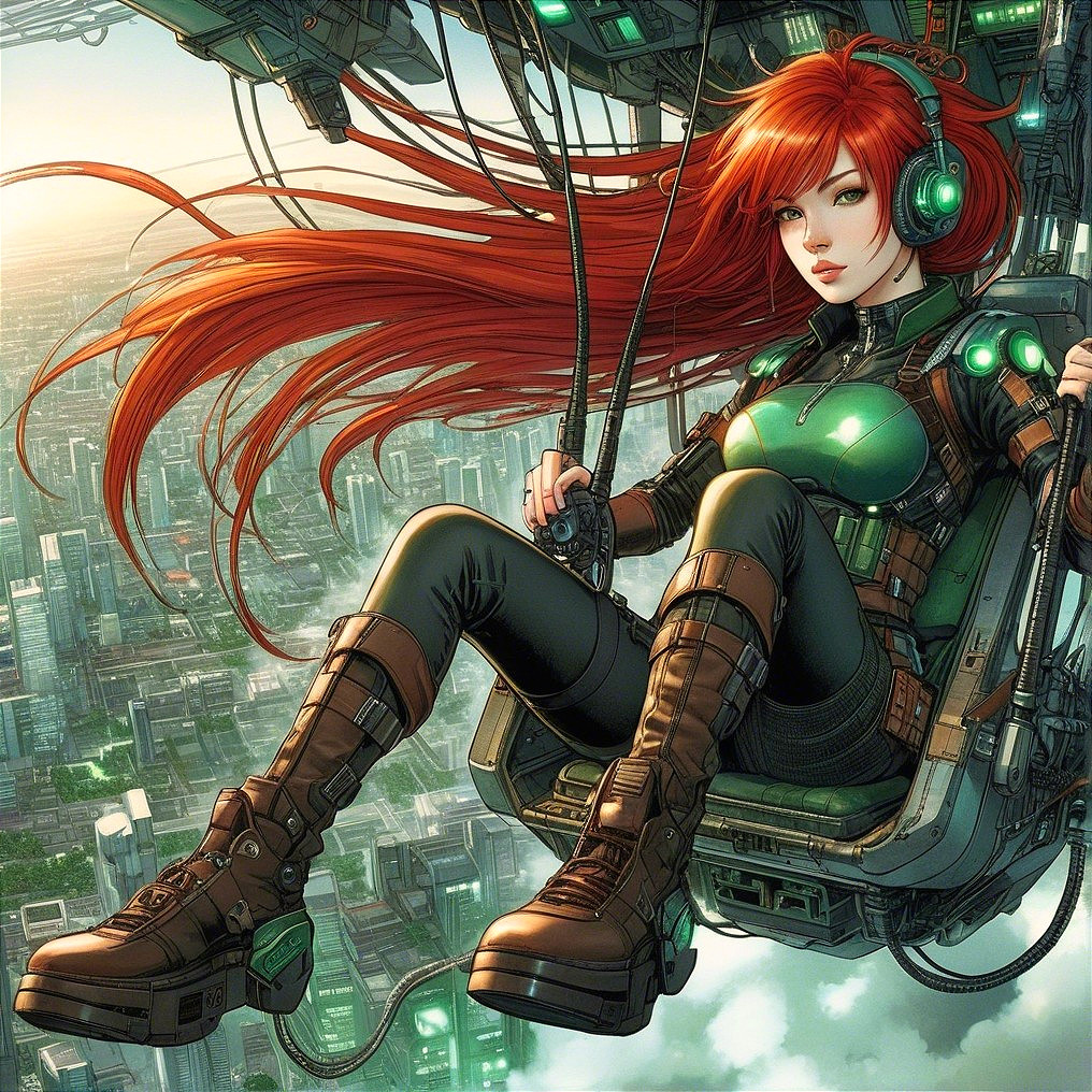 Fierce Female Character in Futuristic Flying Harness