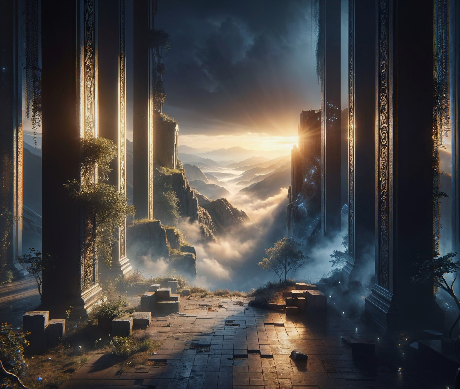Ancient Pillars in a Mystical Mountain Landscape