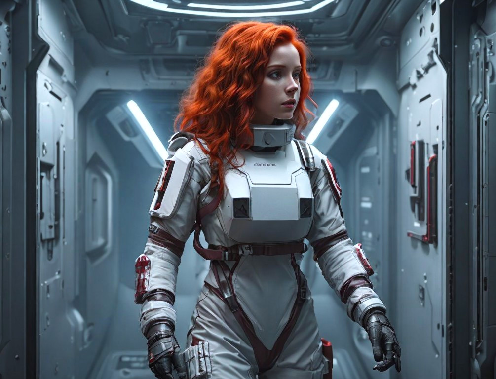 Futuristic Woman in White Space Suit in High-Tech Corridor