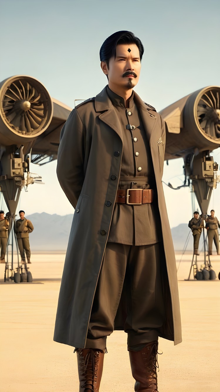 Man in Military Outfit in Desert with Futuristic Engines
