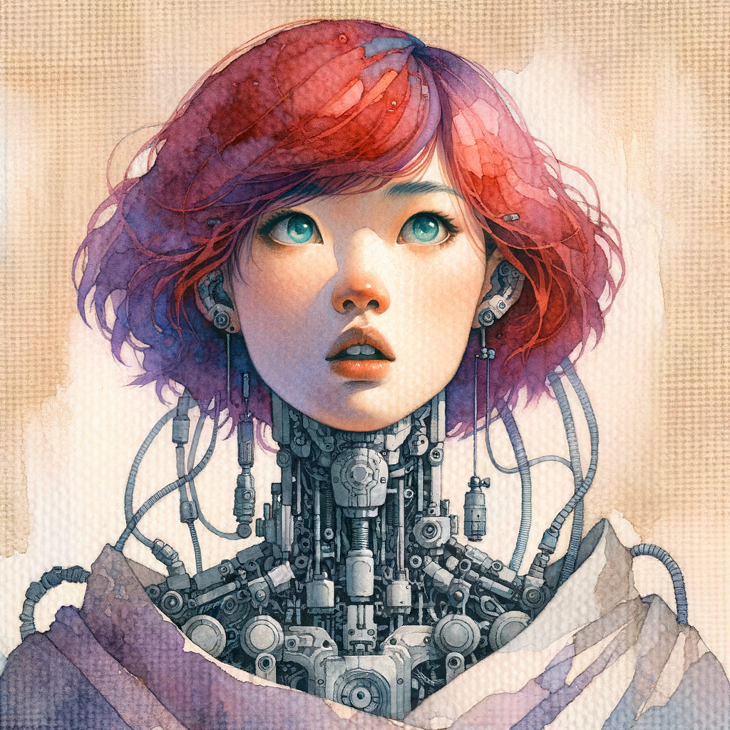Futuristic Portrait of Woman with Red Hair and Circuitry