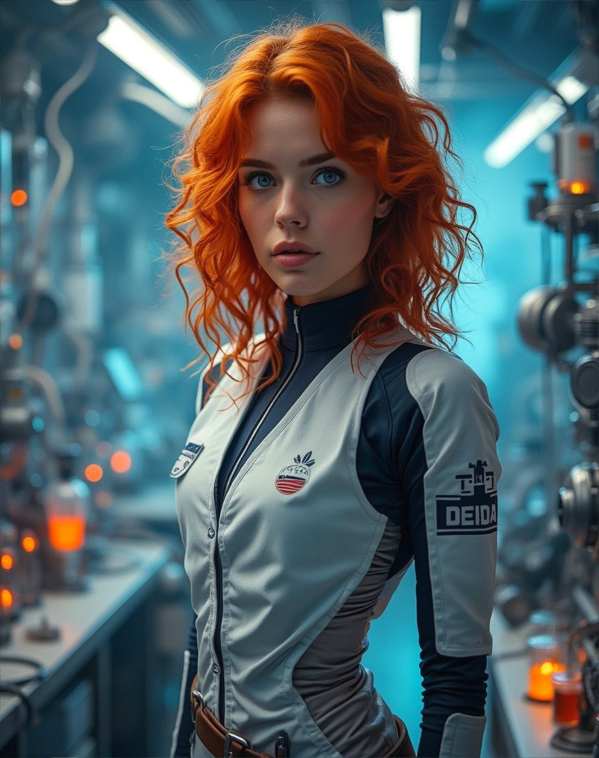 Young woman in futuristic lab with orange hair