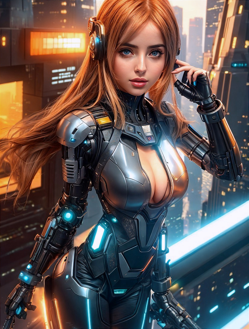 Futuristic Female Figure in High-Tech Urban Setting