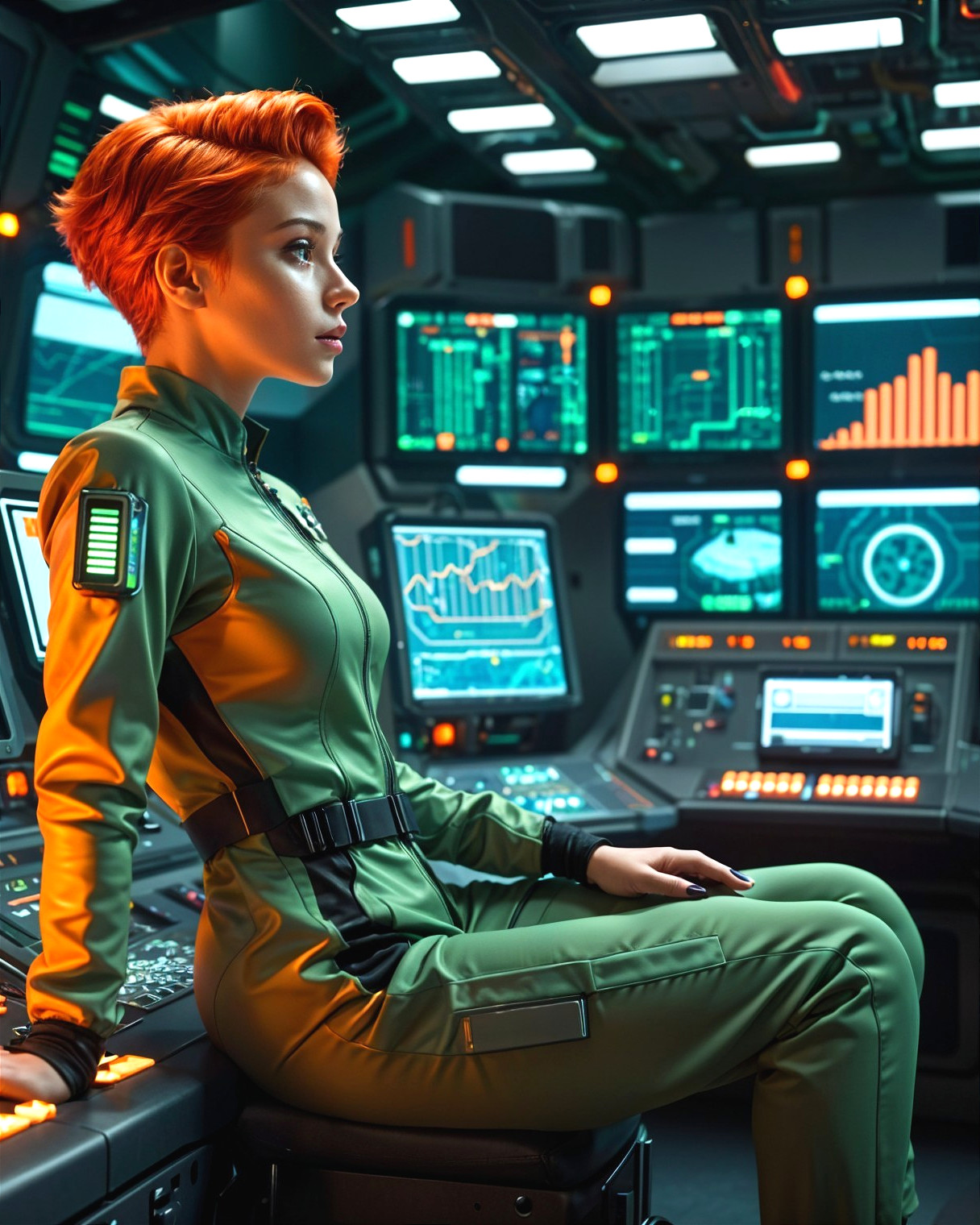 Young woman in futuristic control room with orange hair