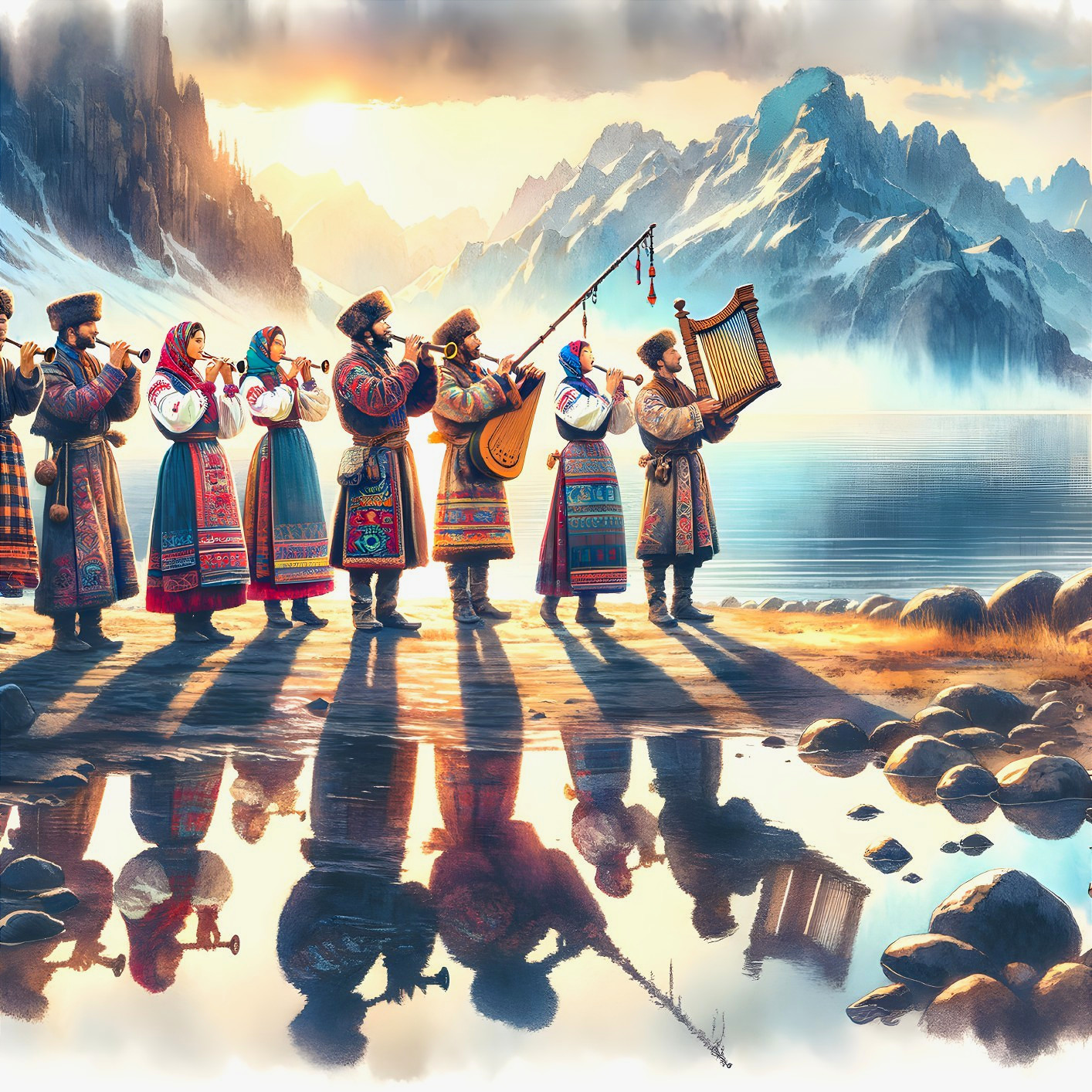 Musicians in Traditional Clothing by a Serene Lake