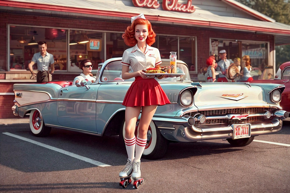 Retro Diner Scene with Roller Skating Server