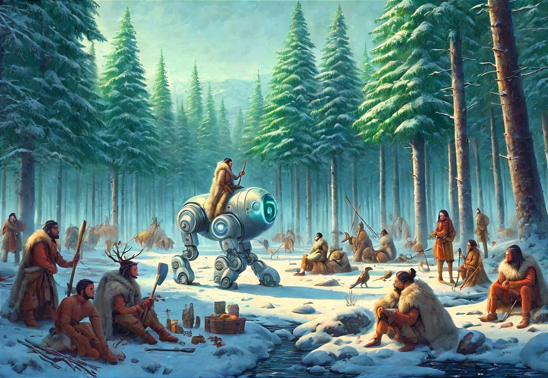 Prehistoric Humans and Robot Horse in Winter Forest