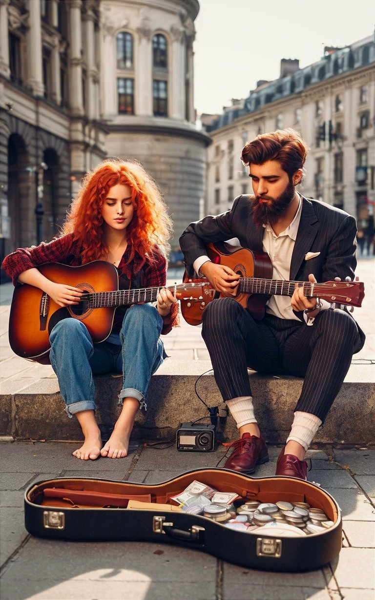 Young Woman and Man Playing Guitar in Urban Setting