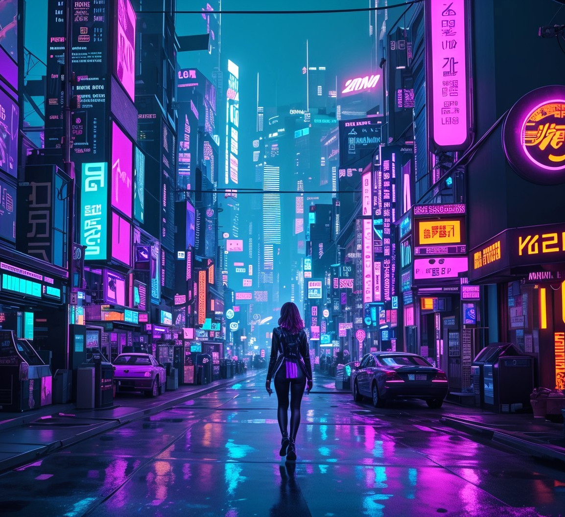 Futuristic Cityscape with Neon Lights at Night