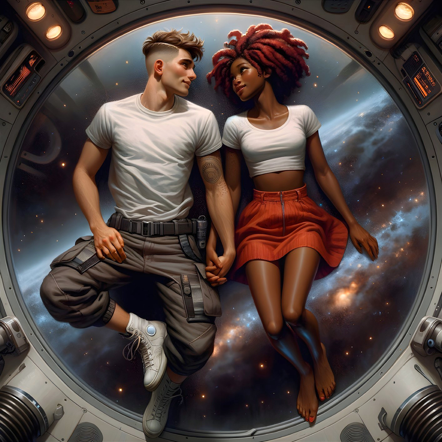 Couple in Futuristic Spacecraft with Cosmic Backdrop