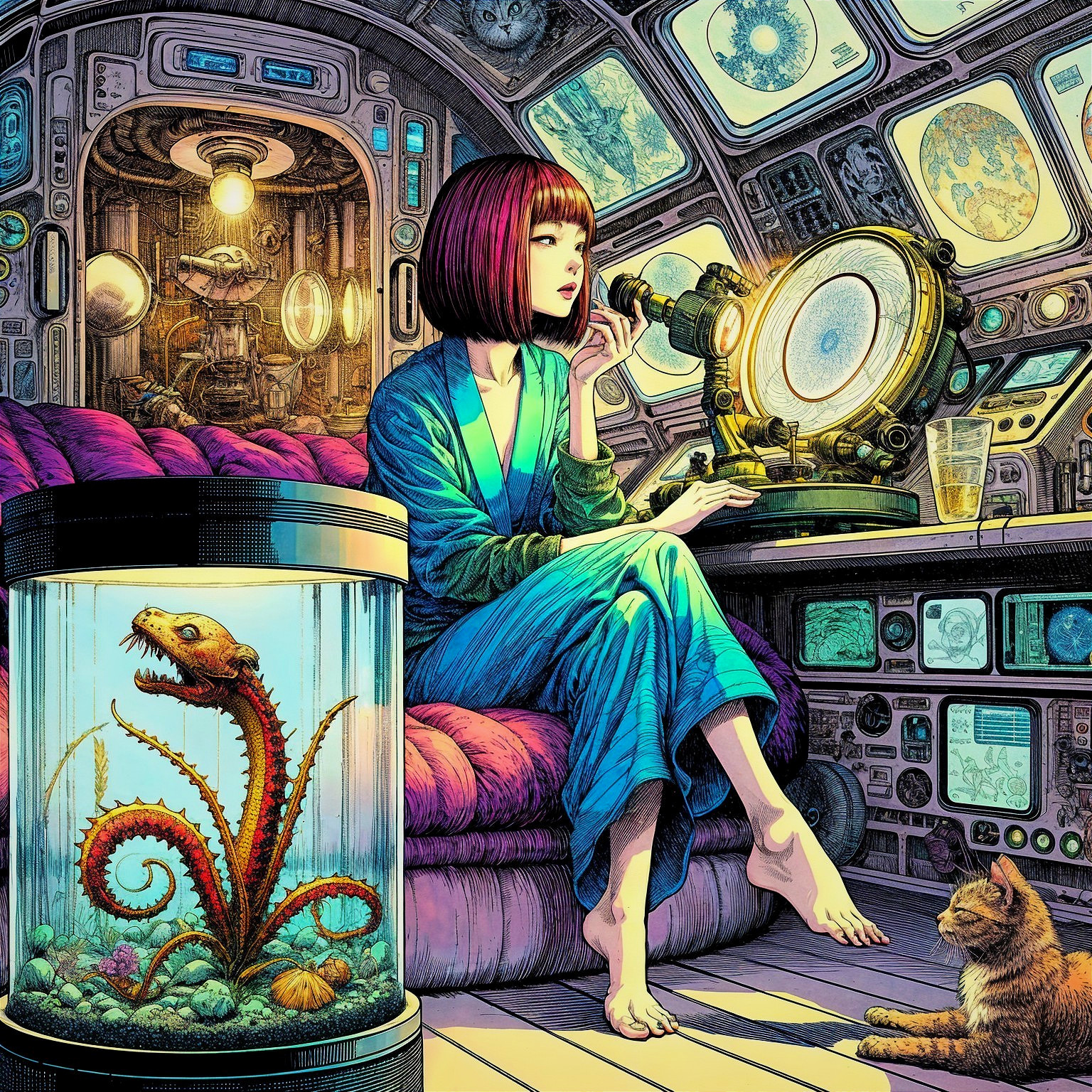 Futuristic Room with Woman, Technology, and Aquarium