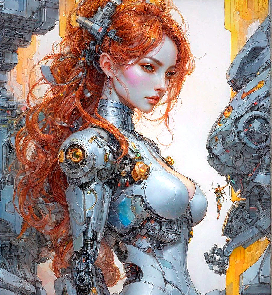Futuristic Female Android with Orange Hair and Machinery