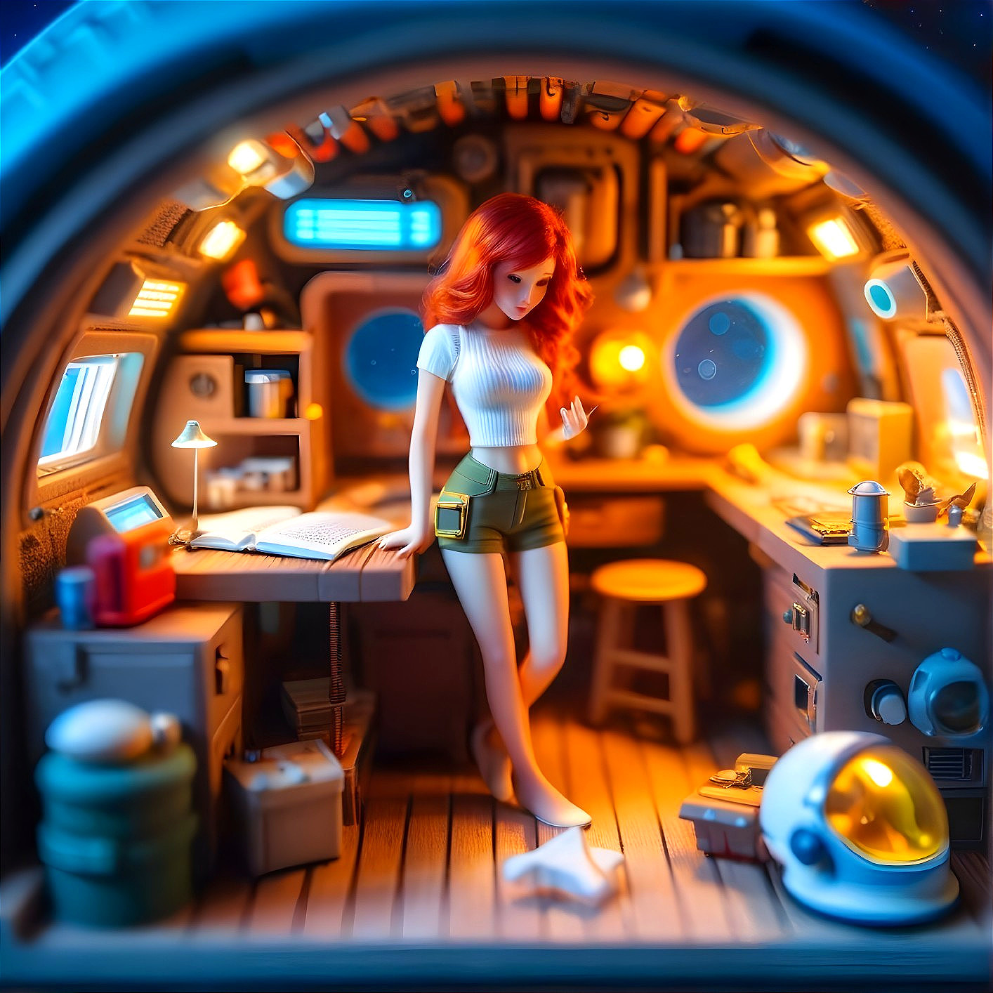 Cozy Futuristic Workspace Inside a Spacecraft