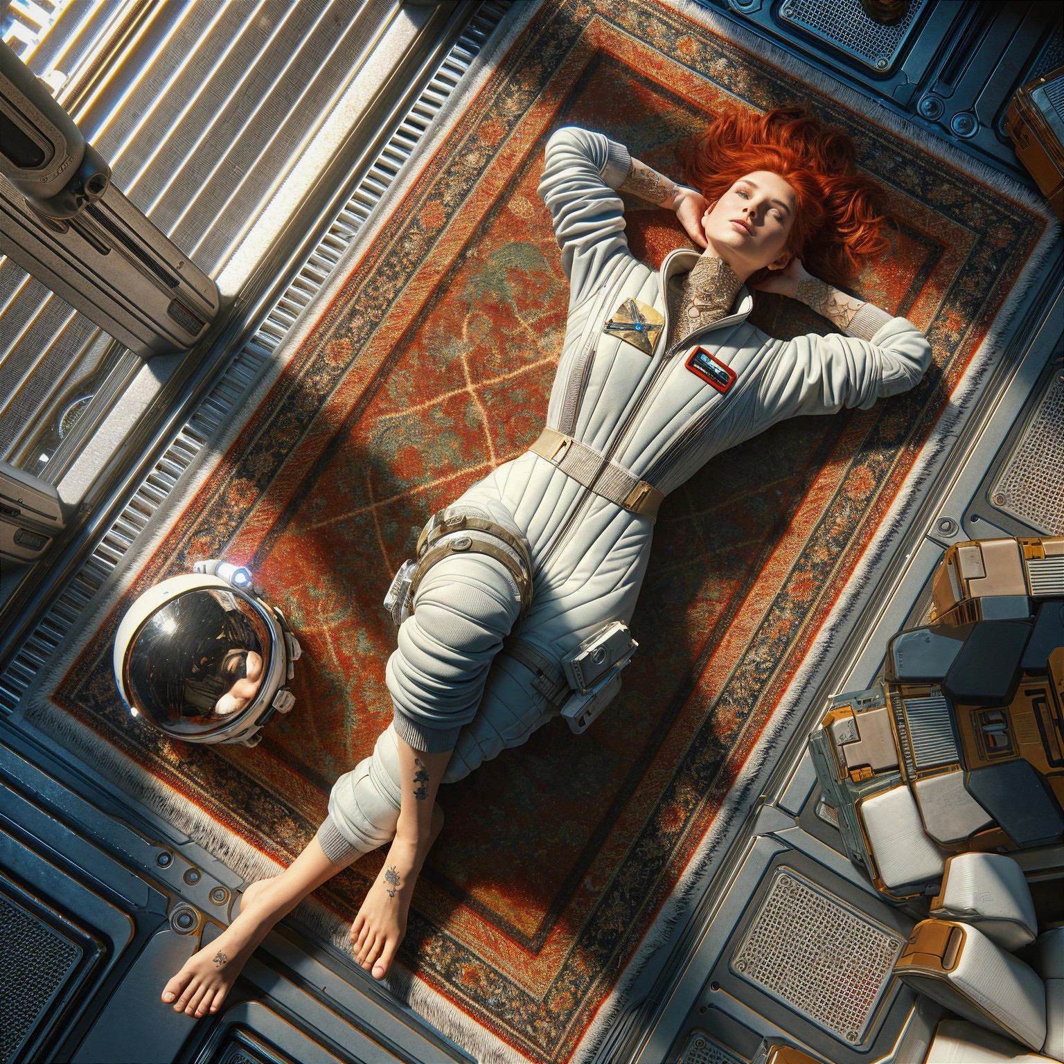 Lone Figure in Spacesuit Relaxing on Futuristic Rug