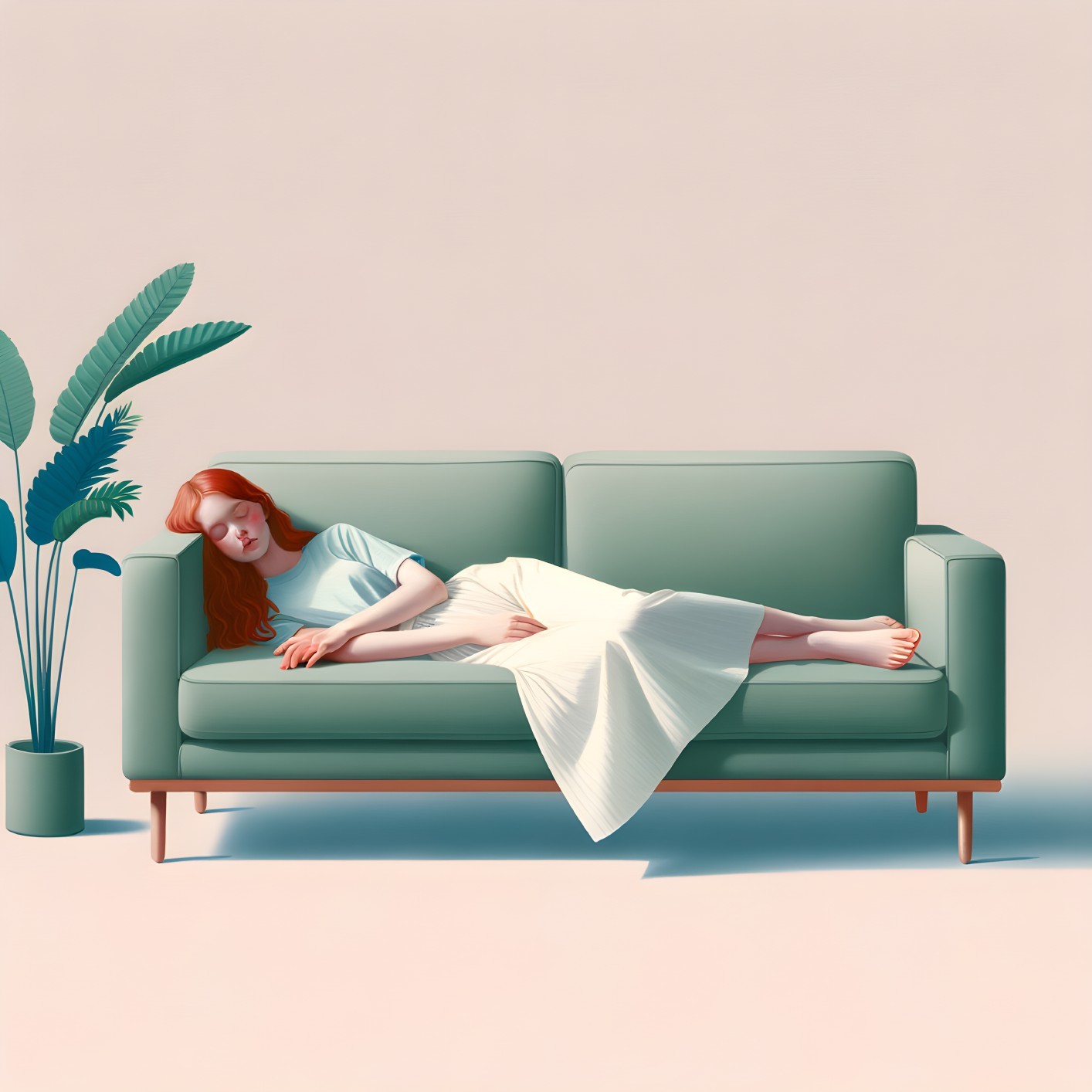 Serene Illustration of a Woman Sleeping on a Sofa