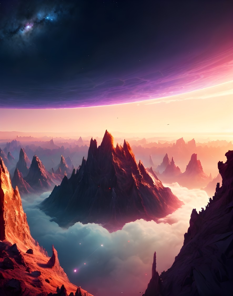 Cosmic Landscape with Mountains and Ringed Planet