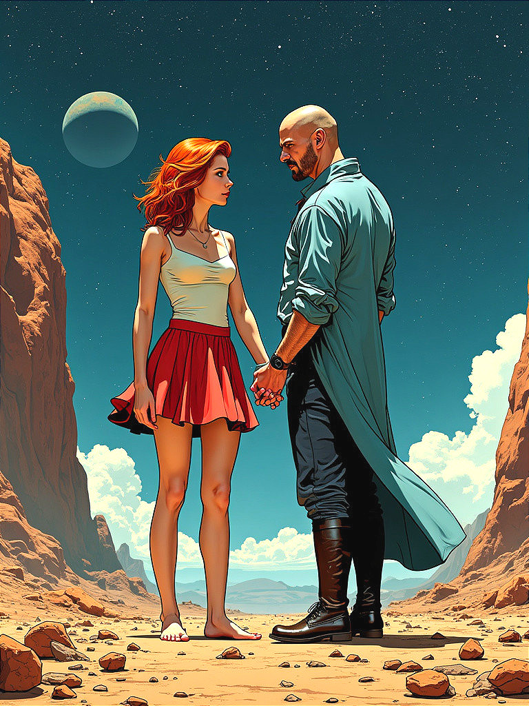Couple in Comic-Style Illustration in Desolate Landscape