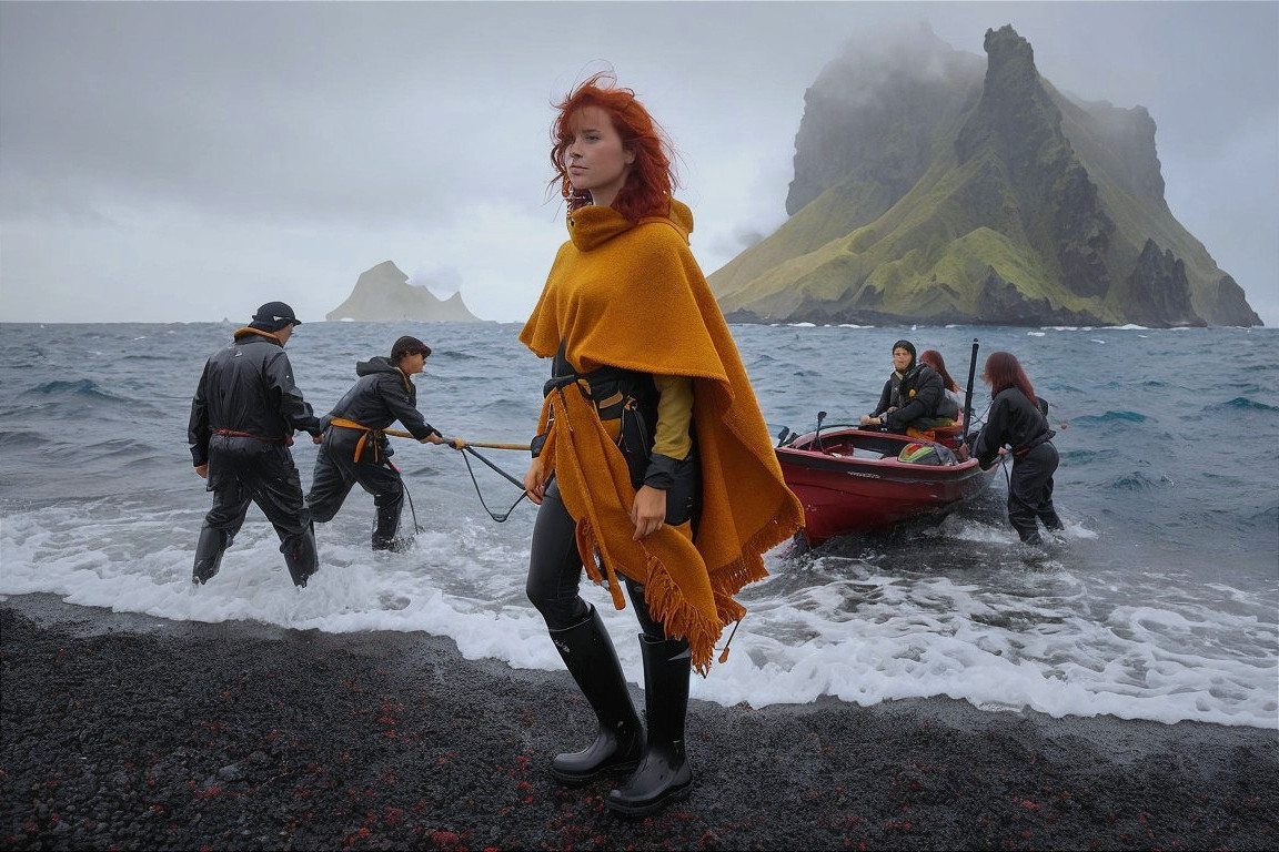 Woman in orange poncho on rocky beach with boat crew