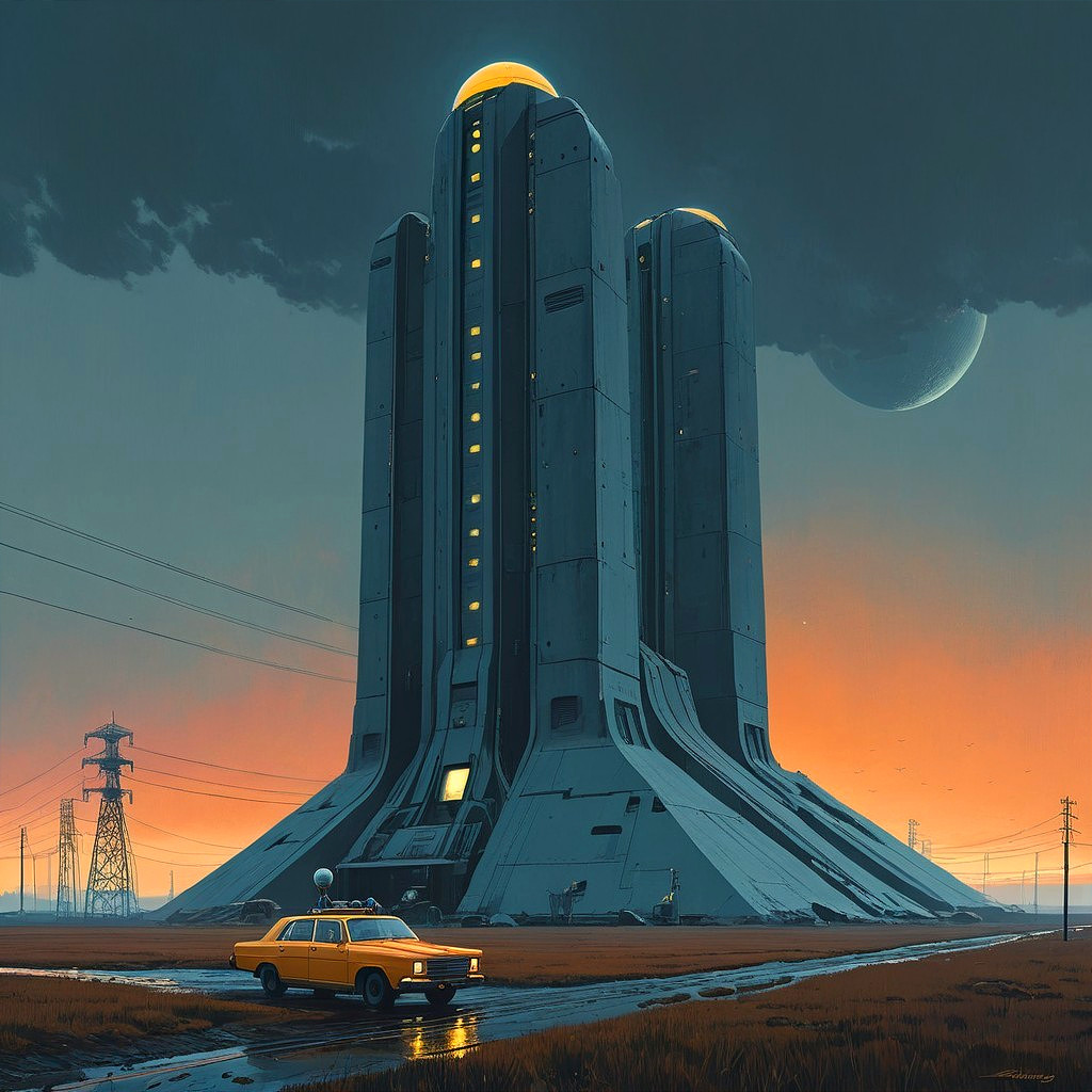 Futuristic landscape with sci-fi towers and sunset