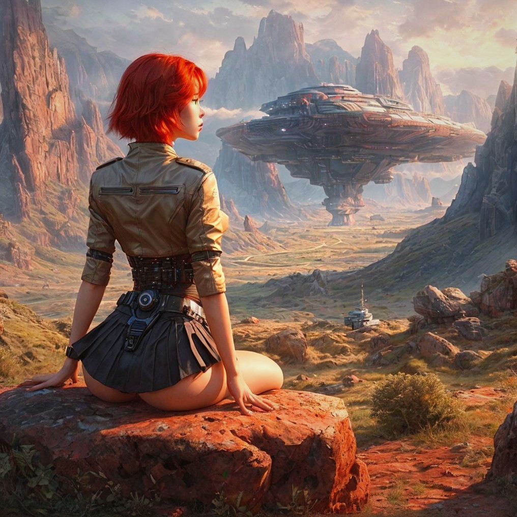 Futuristic Scene with Woman and Hovering Spaceship