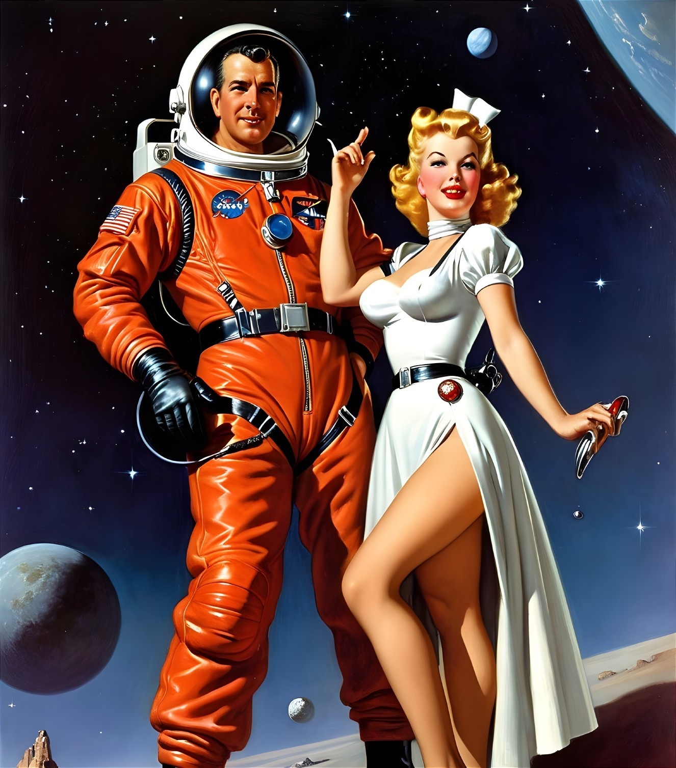 Retro Astronaut and Nurse in 1950s Sci-Fi Scene