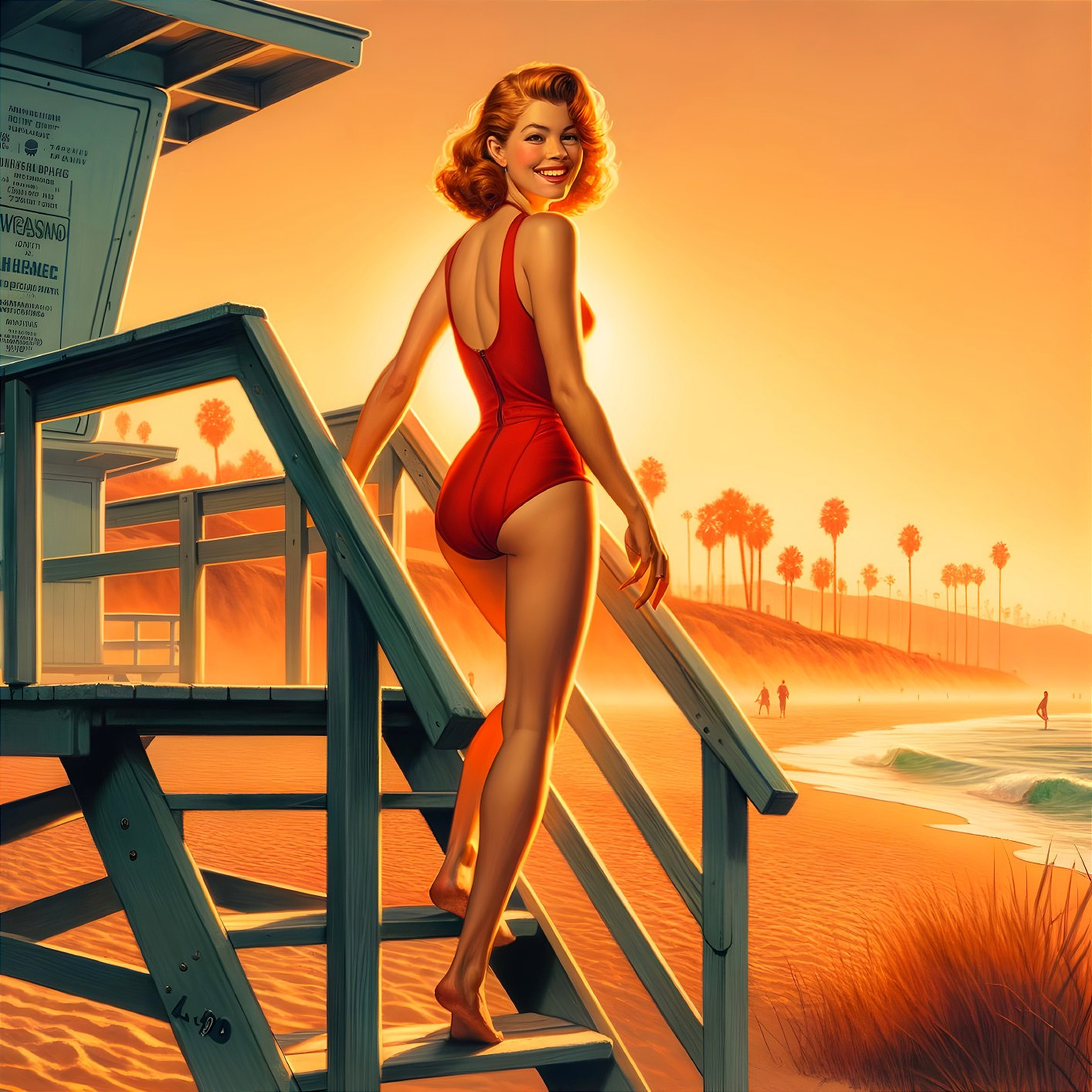 Vintage Swimsuit Scene at Sunset on the Beach