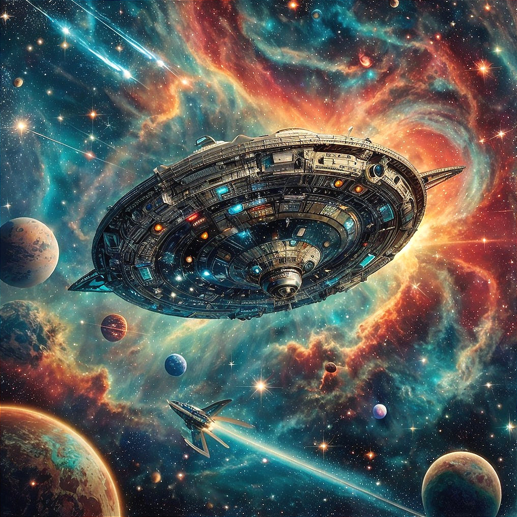Futuristic Spaceship in Vibrant Cosmic Expanse