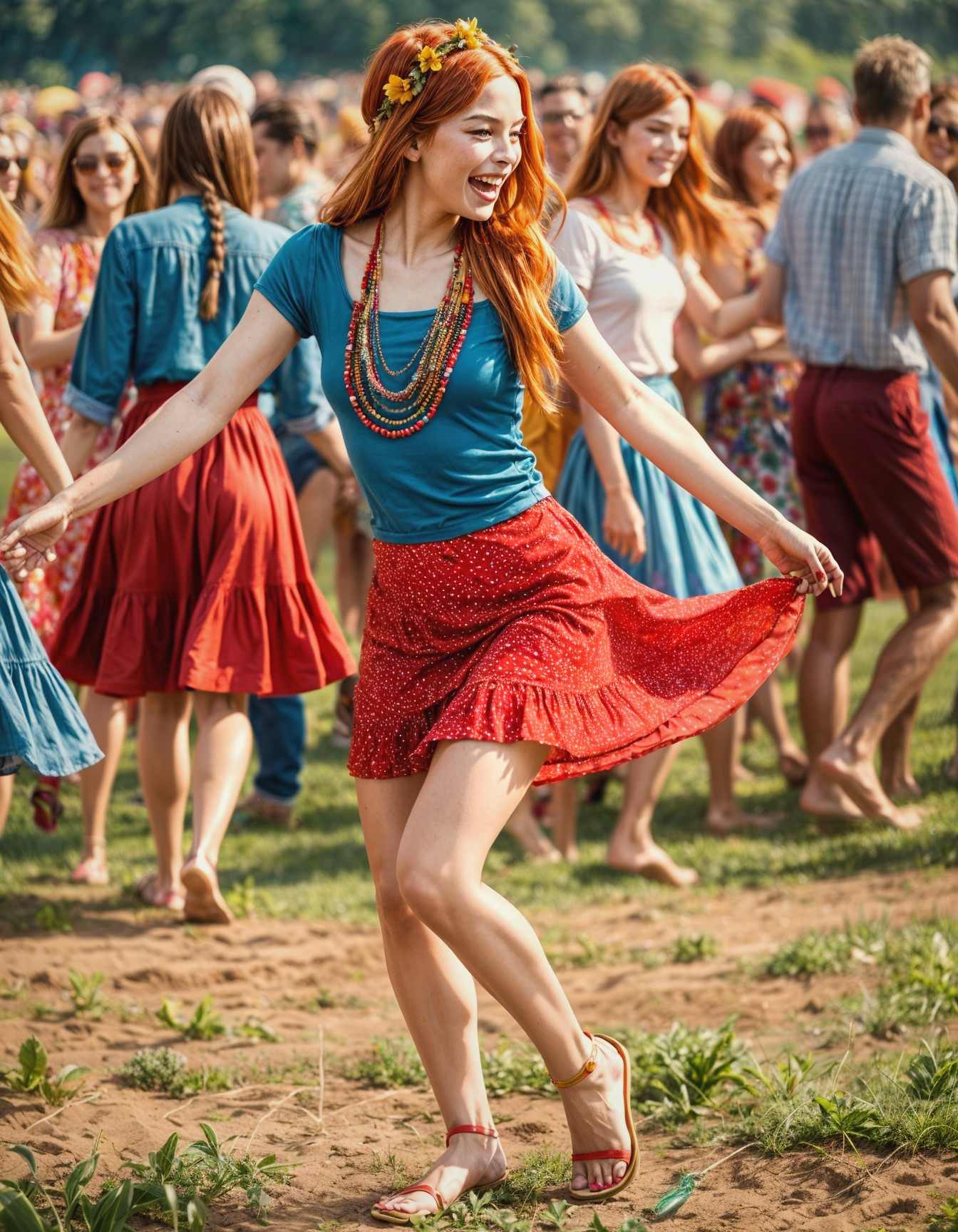 Joyful Woman Dancing in Colorful Outdoor Festival