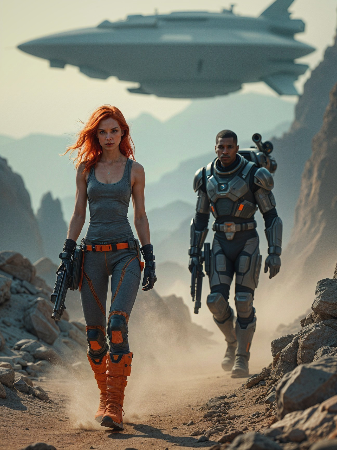 Fierce Woman with Red Hair in Rugged Sci-Fi Landscape