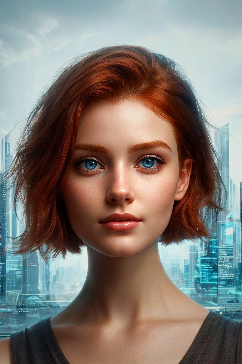 Young woman with blue eyes and red hair in urban skyline