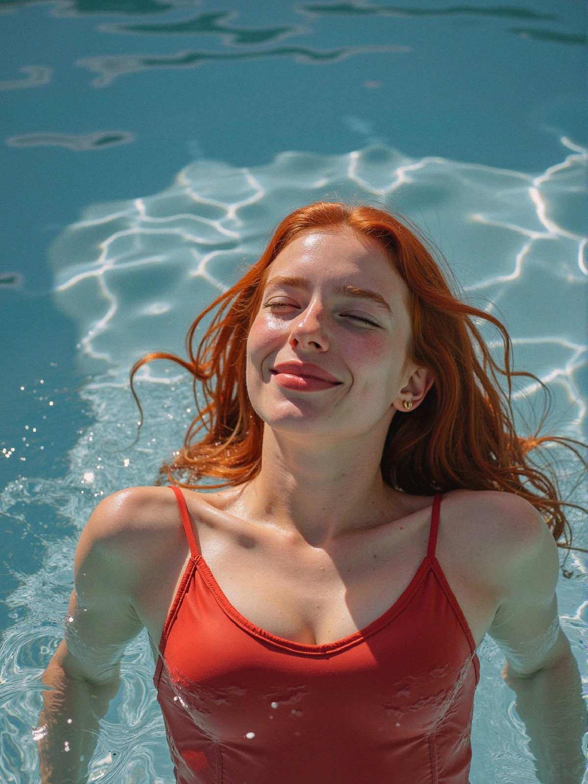 Young woman with red hair relaxes in a pool