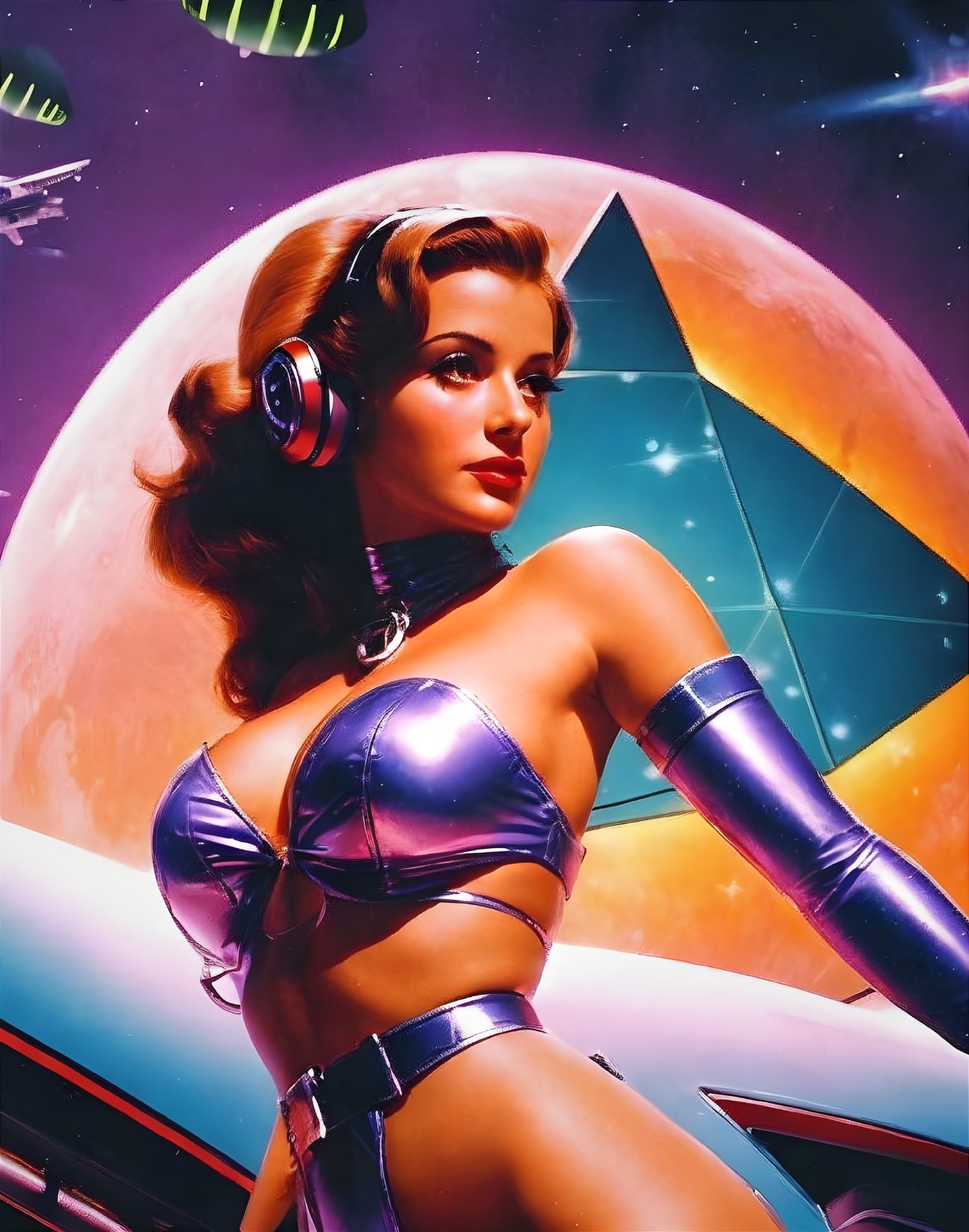 Futuristic Scene with Glamorous Woman and Cosmic Landscape