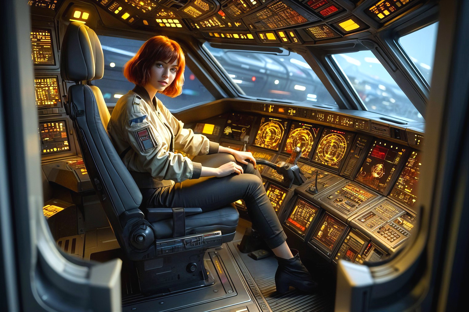 Futuristic cockpit with glowing controls and pilot