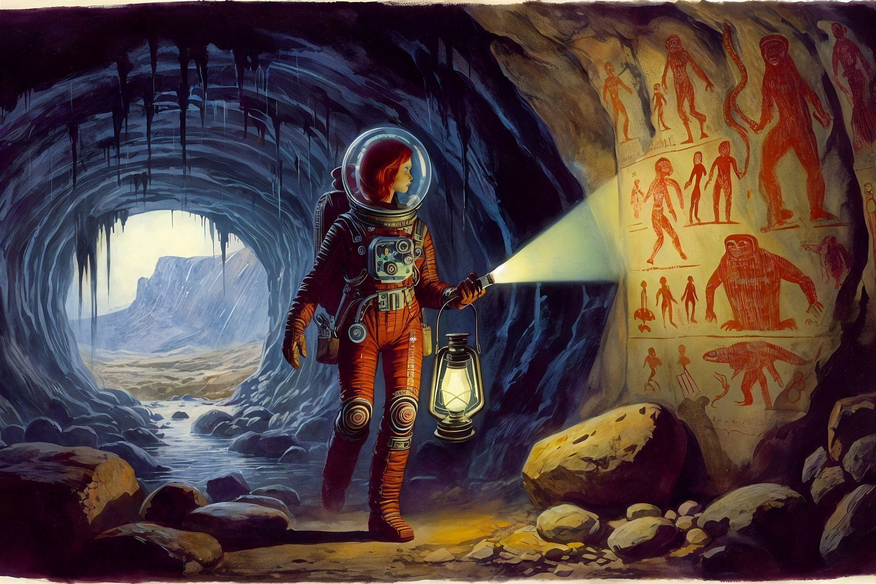 Astronaut Exploring Dark Cave with Ancient Petroglyphs