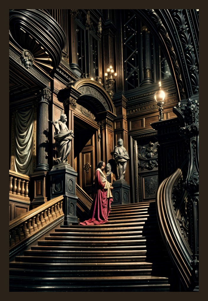 Opulent staircase in grand hall with intricate carvings