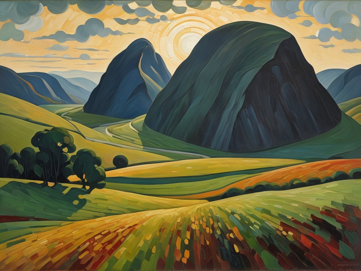 Vibrant Landscape with Green Hills and Mountains