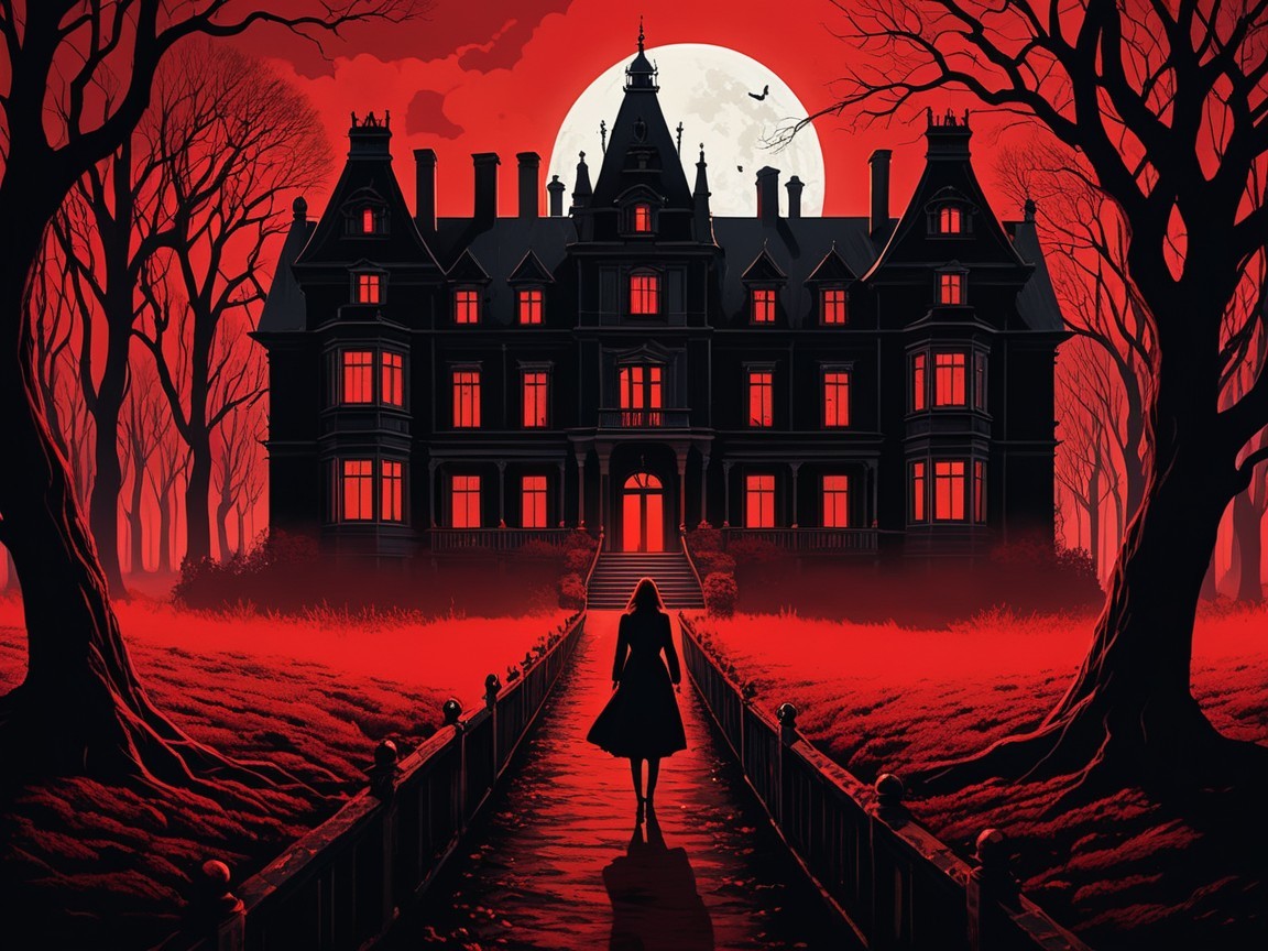 Silhouette of Woman Before Dark Mansion and Red Moon